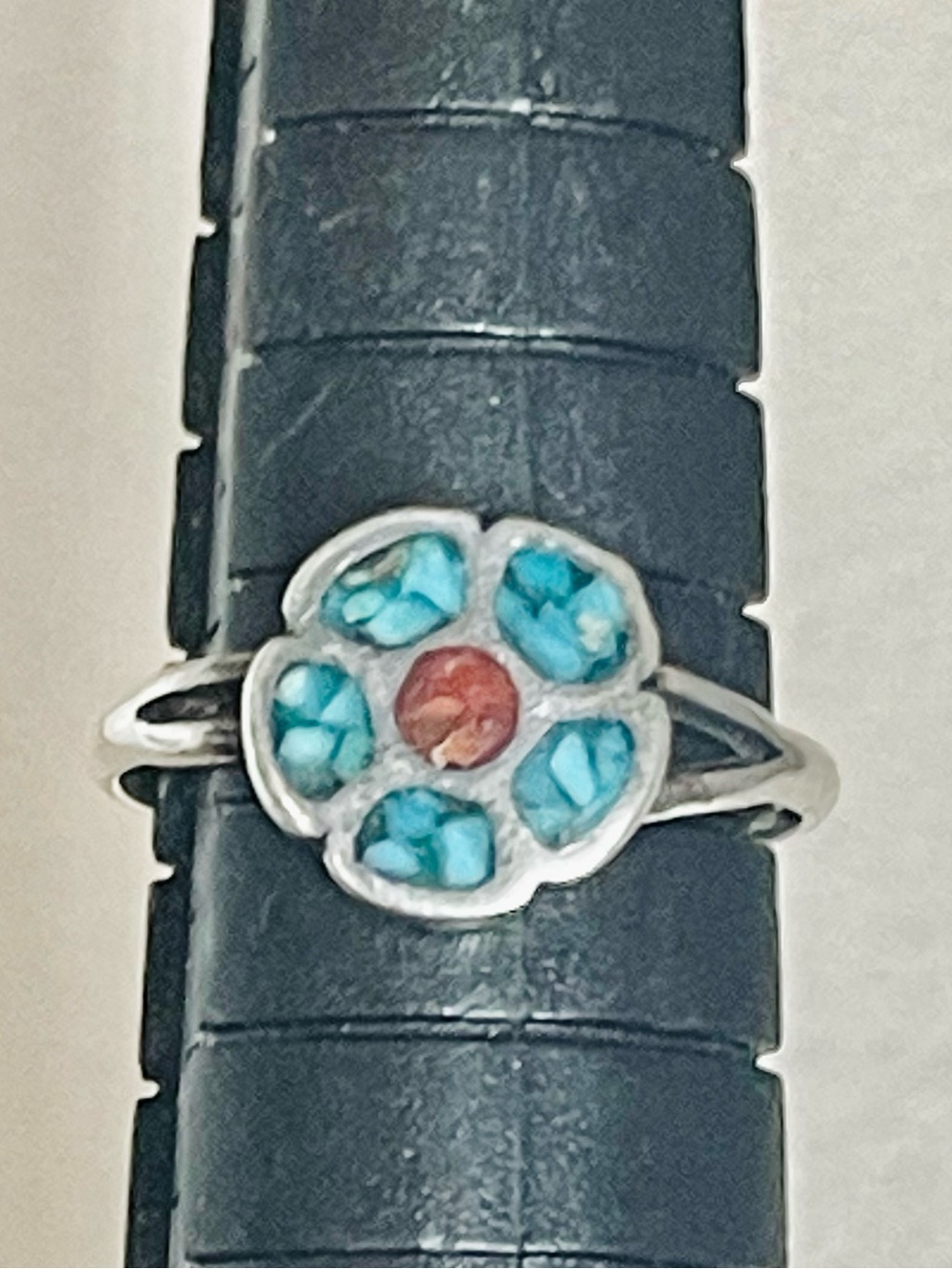 VTG Native American Navajo Sterling Turquoise coral chips pinky ring Sz 3